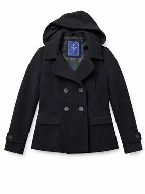 American Eagle Wool Peacoat Jacket Women’s S Black Hooded Double Breasted